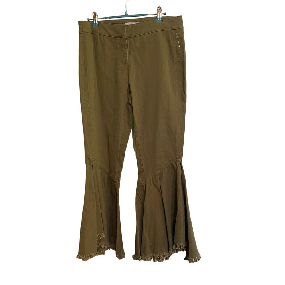 Ana Jakobs Pants Olive Frayed Cropped Bell Flare Sz 6 Fringe Hem Stretch Retro